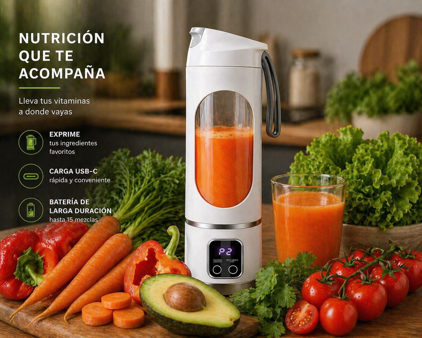 Licuadora Portátil USB 450ml de Alta Potencia – 12 Cuchillas, 3 Velocidades, Recargable, Batidos Perfectos en Segundos en Casa o Gym