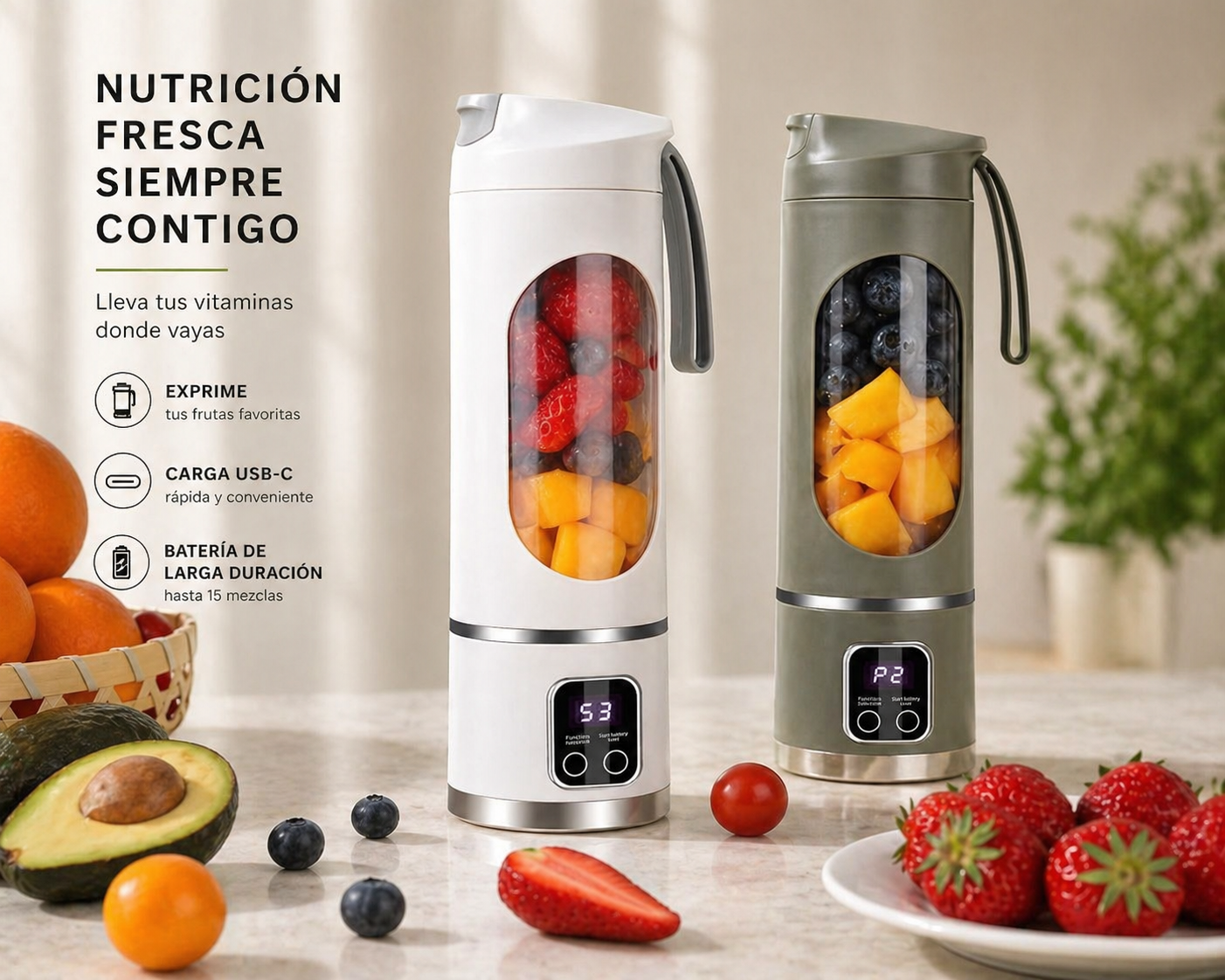 Licuadora Portátil USB 450ml de Alta Potencia – 12 Cuchillas, 3 Velocidades, Recargable, Batidos Perfectos en Segundos en Casa o Gym