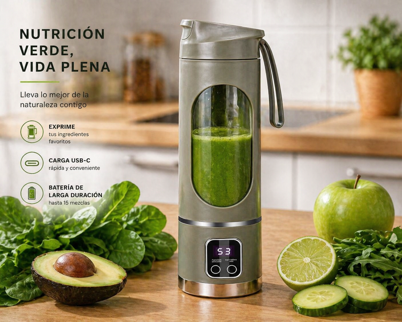 Licuadora Portátil USB 450ml de Alta Potencia – 12 Cuchillas, 3 Velocidades, Recargable, Batidos Perfectos en Segundos en Casa o Gym