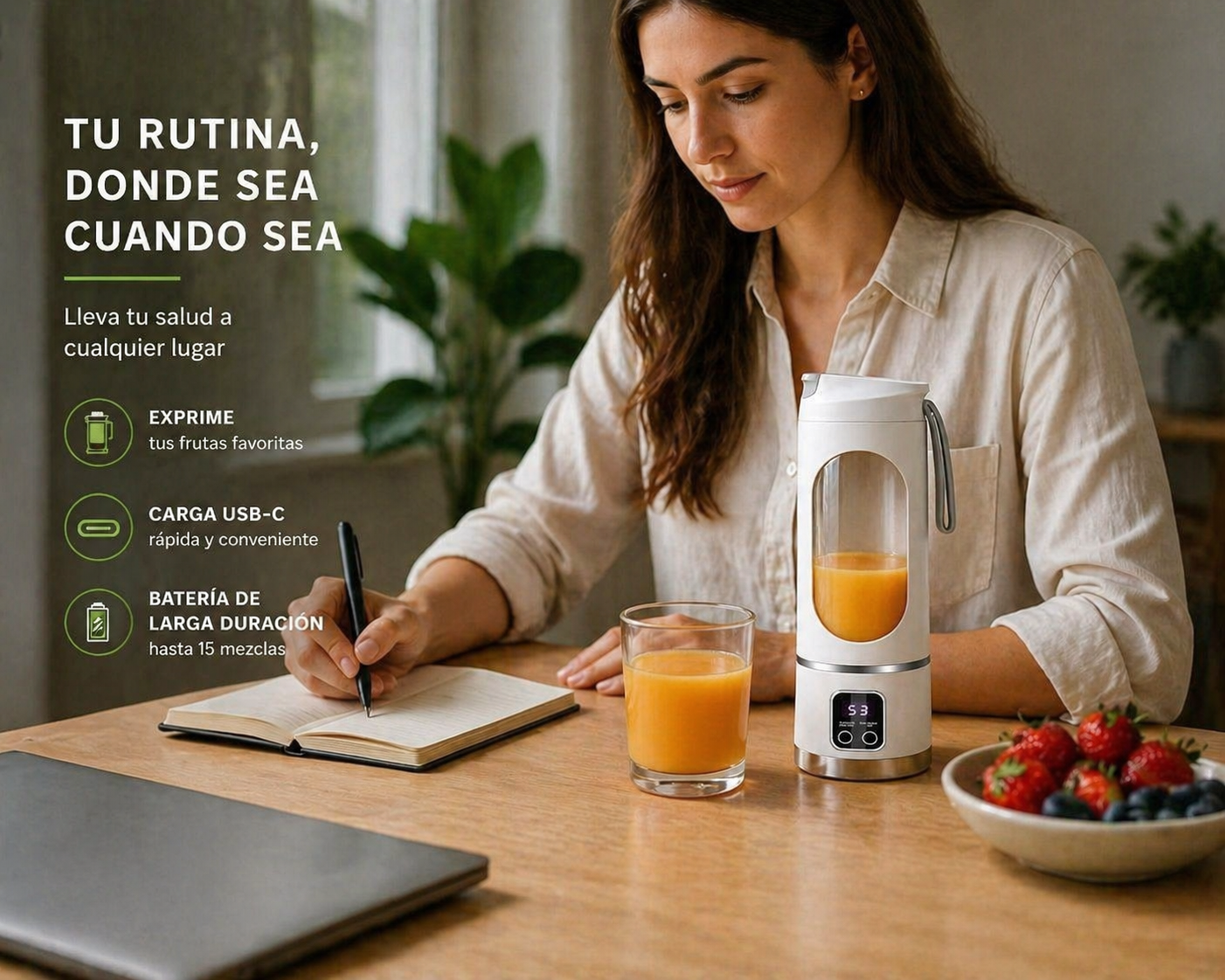 Licuadora Portátil USB 450ml de Alta Potencia – 12 Cuchillas, 3 Velocidades, Recargable, Batidos Perfectos en Segundos en Casa o Gym